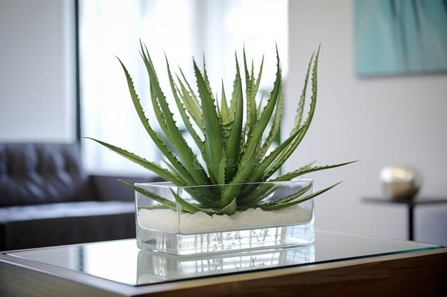 une plante dans un vase en verre avec une plante verte dessus.