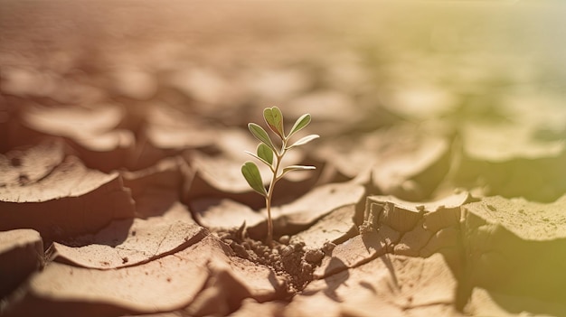 Une plante du désert prospère sur un terrain fracturé desséché, une journée étouffante touchée par le changement climatique AI générative