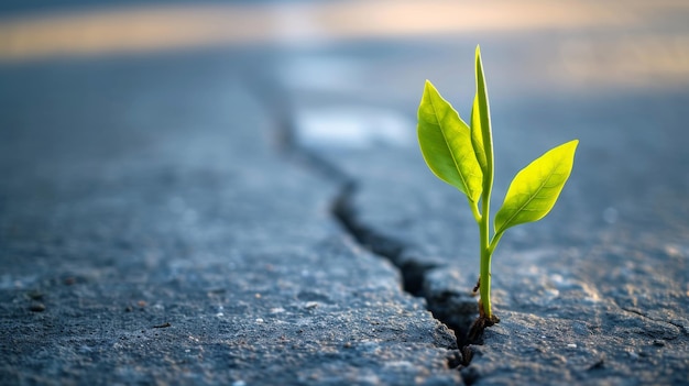 Une plante émergeant du trottoir en béton fissuré symbolisant la résilience