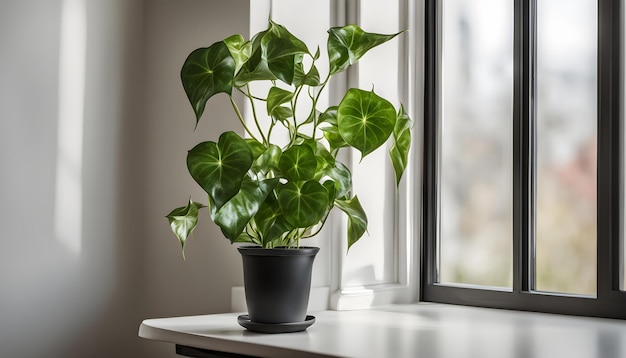 une plante est assise sur un bureau devant une fenêtre