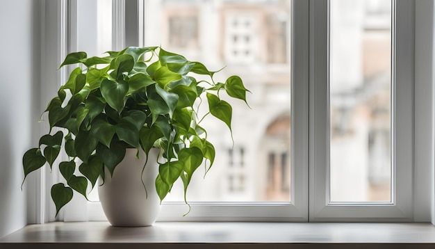 une plante est assise sur un seuil de fenêtre avec une fenêtre en arrière-plan