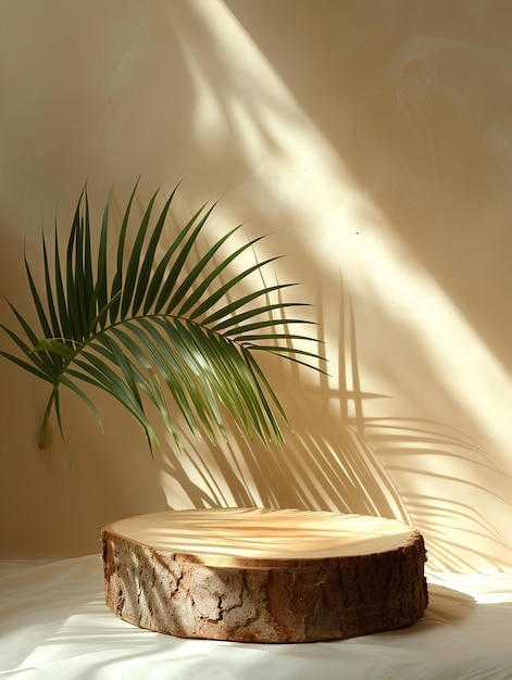 Une plante est assise sur une table à la lumière du soleil avec une ombre sur le mur derrière elle et une feuille de palmier