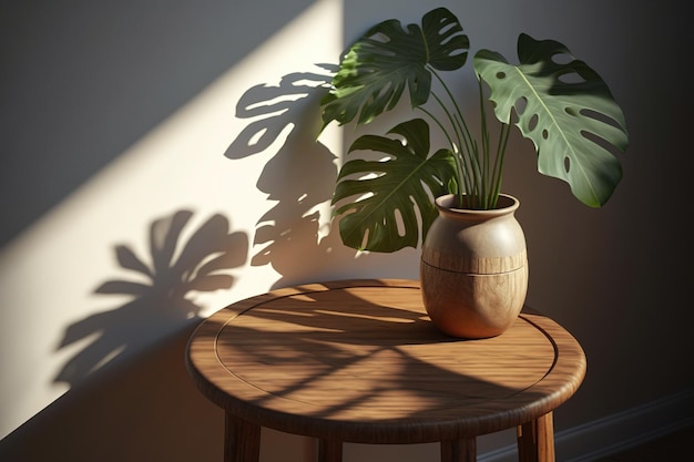 Une plante est sur une petite table avec une ombre de feuilles dessus