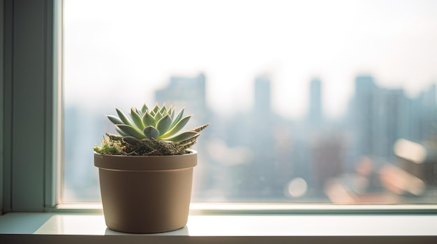 Une plante est posée sur un rebord de fenêtre avec un paysage urbain en arrière-plan.