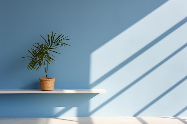 Une plante sur une étagère avec un mur bleu derrière elle