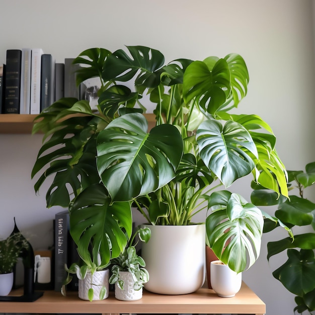 une plante sur une étagère avec un pot blanc dessus