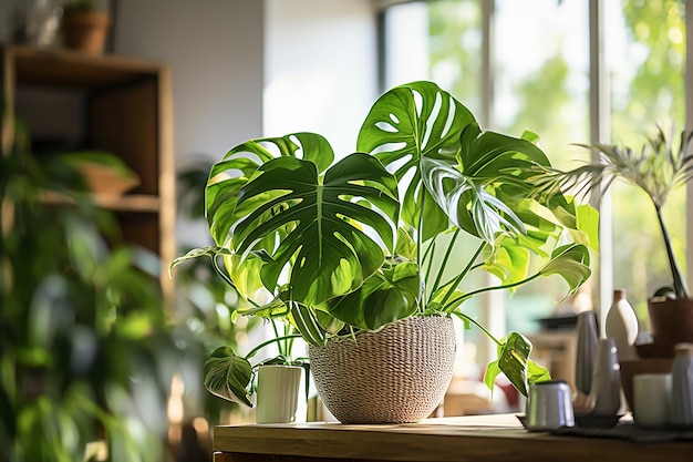 une plante sur une étagère avec un pot d'eau et une plante en pot.