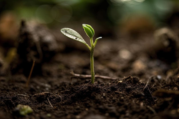 Une plante avec une feuille verte dans le sol