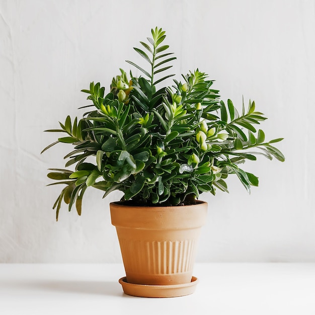 une plante avec des feuilles vertes dans un pot sur une table