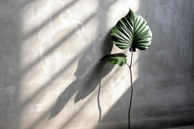 Une plante feuillue dans un coin d'une pièce avec un mur blanc et une lumière provenant de la fenêtre.