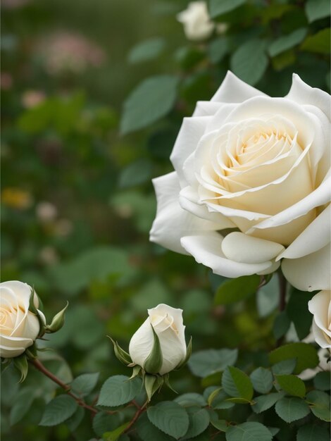 Plante de fleur de rose dans la nature en automne gros plan Roses blanches dans le jardin avec bokeh de fond vert