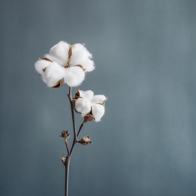 Une plante avec des fleurs de coton blanc et un fond bleu.