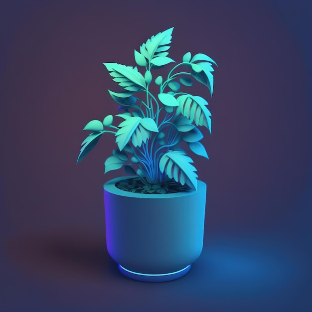 Plante à fleurs avec des feuilles en pot éclairées par des néons électroniques isolés sur fond bleu illustration 3d