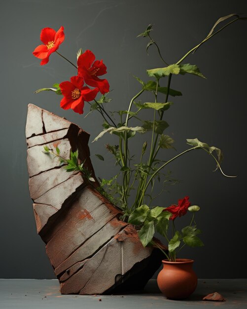 Photo une plante à fleurs rouges dans un pot avec le mot « dessus ».