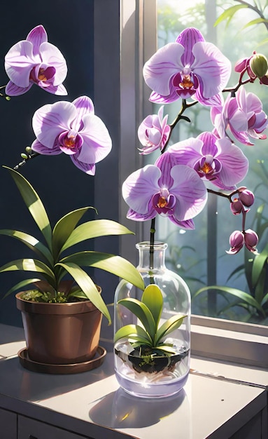 une plante avec des fleurs violettes dans une bouteille de verre et une plante en arrière-plan