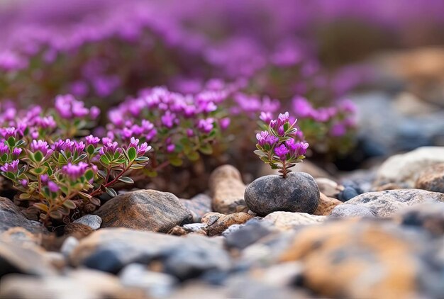 une plante à fleurs violettes est assise sur un lit rocheux dans le style de l'image uhd