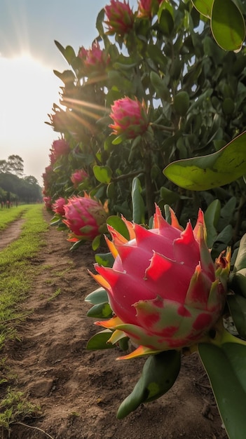 Une plante fruit du dragon avec le soleil qui brille dessus