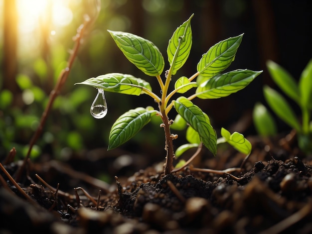 Une plante avec une goutte d'eau dessus