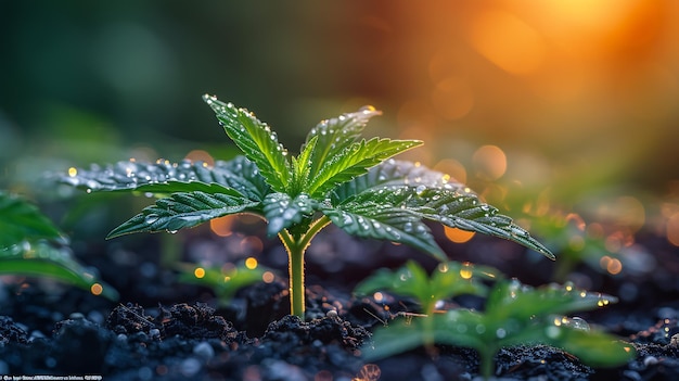 une plante avec des gouttes d'eau dessus