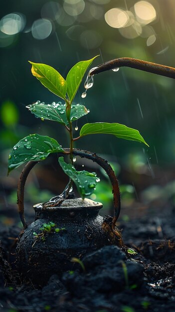 une plante avec des gouttes d'eau sur elle et les gouttes de l'eau dessus