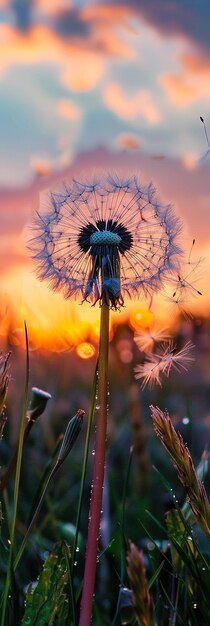 Photo plante de graines d'été réaliste de pissenlit soufflant au coucher du soleil