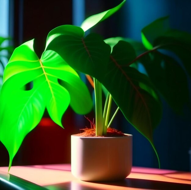 Plante d'intérieur dans un pot avec feuillage fleuri sur fond minimal