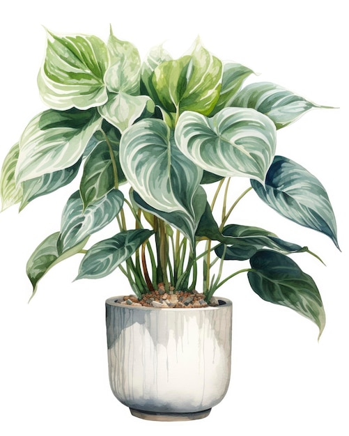 Plante d'intérieur en pot aquarelle isolée sur fond blanc