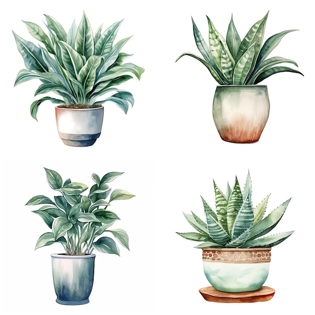 Plante d'intérieur en pot illustration aquarelle clipart isolé sur fond blanc feuilles vertes fleur