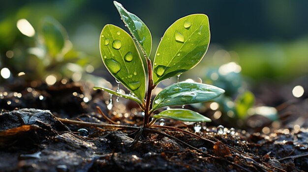 Plante jeune avec une goutte d'eau