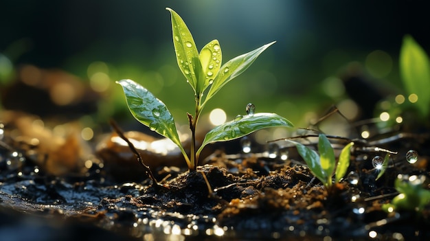 Plante jeune avec une goutte d'eau