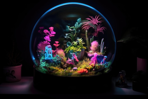 Plante néon en terrarium avec des figurines miniatures et des accessoires créés avec l'IA générative