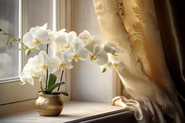 Plante d'orchidée sur un rebord de fenêtre avec une lumière naturelle douce