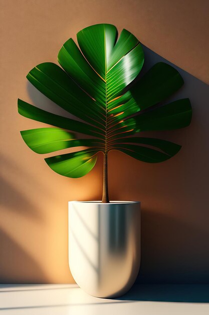 Plante de palmier tropical vert dans un pot de conception en bois brun moderne à l'ombre de feuilles de soleil sur c blanc