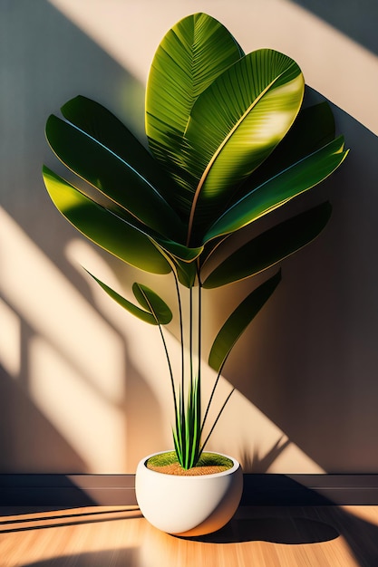 Plante de palmier tropical vert dans un pot de conception en bois brun moderne à l'ombre de feuilles de soleil sur c blanc