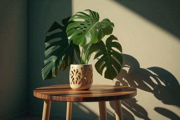 Une plante sur une petite table devant un mur avec une lumière qui brille dessus