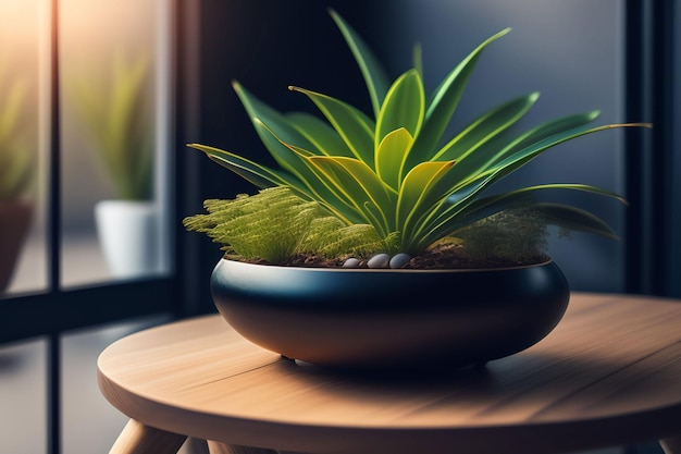 Une plante sur une petite table avec une fenêtre derrière