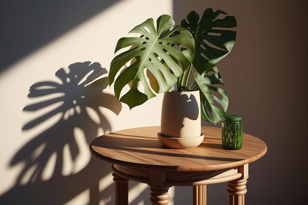 Une plante sur une petite table avec une feuille verte dessus