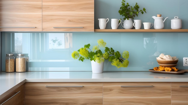 une plante en pot assise sur un comptoir de cuisine Cuisine d'intérieur minimaliste avec couleur bleu clair