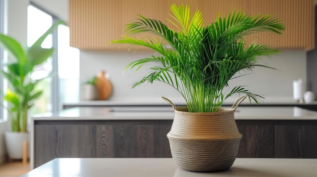 Une plante en pot assise sur un comptoir de cuisine plante de palmier dans un panier de rotin