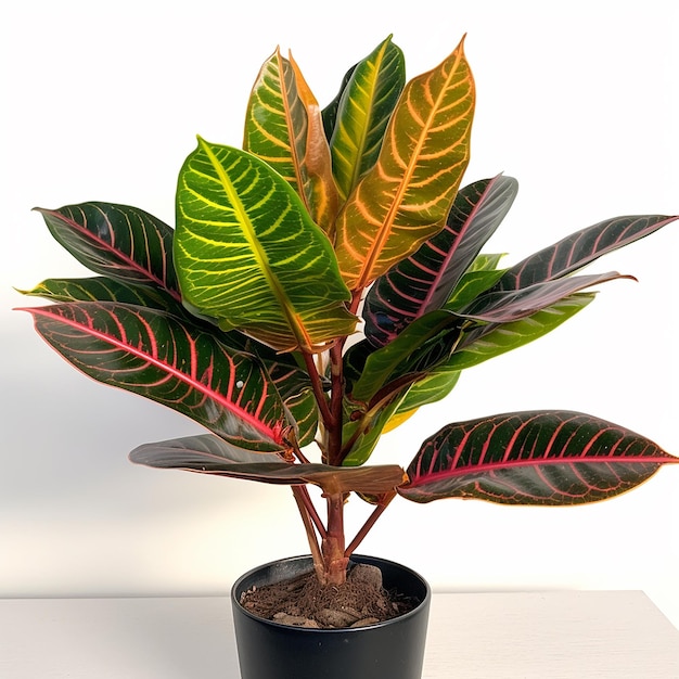 Une plante en pot aux feuilles colorées est assise sur une table.