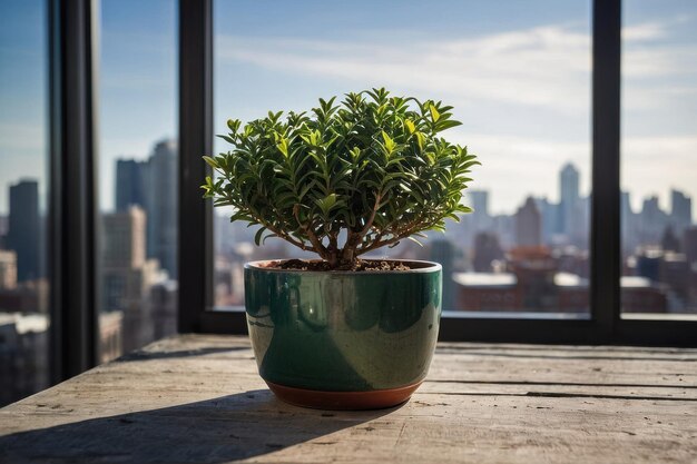 Plante en pot sur le balcon avec l'horizon de la ville