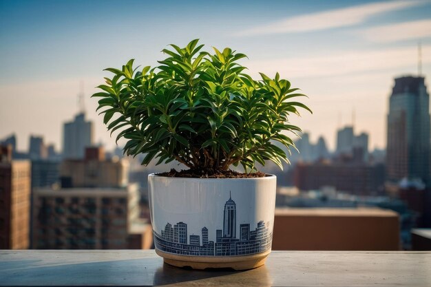 Plante en pot sur le balcon avec l'horizon de la ville