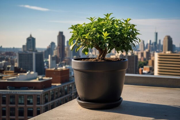 Plante en pot sur le balcon avec l'horizon de la ville