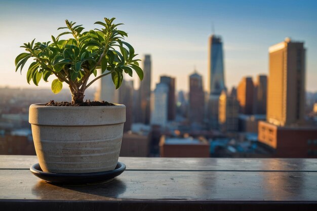 Plante en pot sur le balcon avec l'horizon de la ville