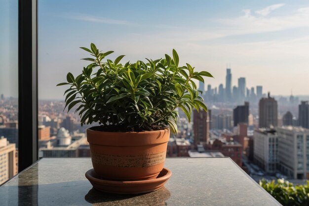 Plante en pot sur le balcon avec l'horizon de la ville