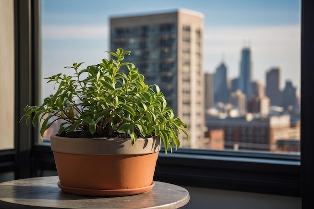 Plante en pot sur le balcon avec l'horizon de la ville