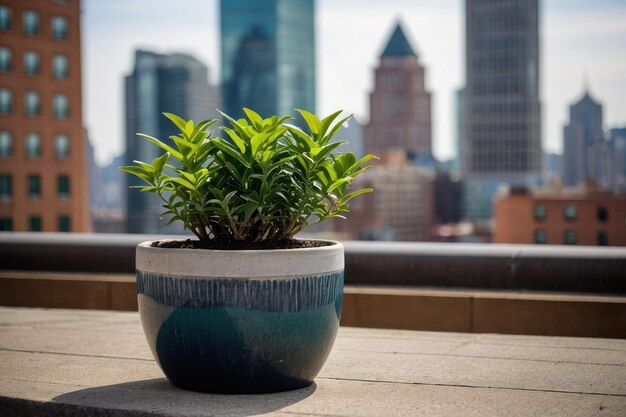Plante en pot sur le balcon avec l'horizon de la ville