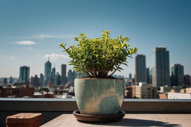 Plante en pot sur le balcon avec l'horizon de la ville