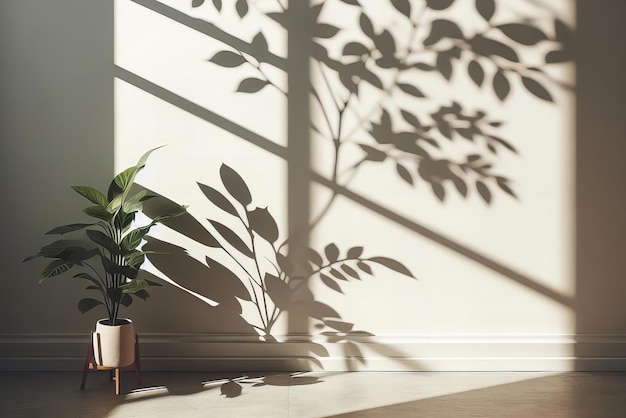 une plante en pot est assise devant une fenêtre jetant une ombre sur le mur