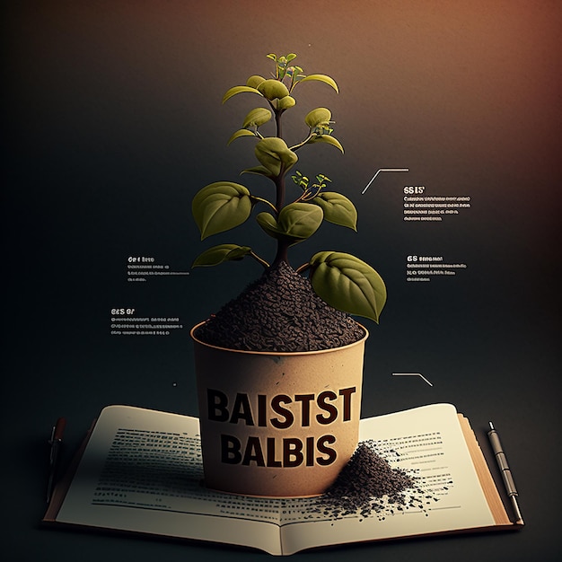 Une plante en pot est sur un livre qui dit "baustst bausts".